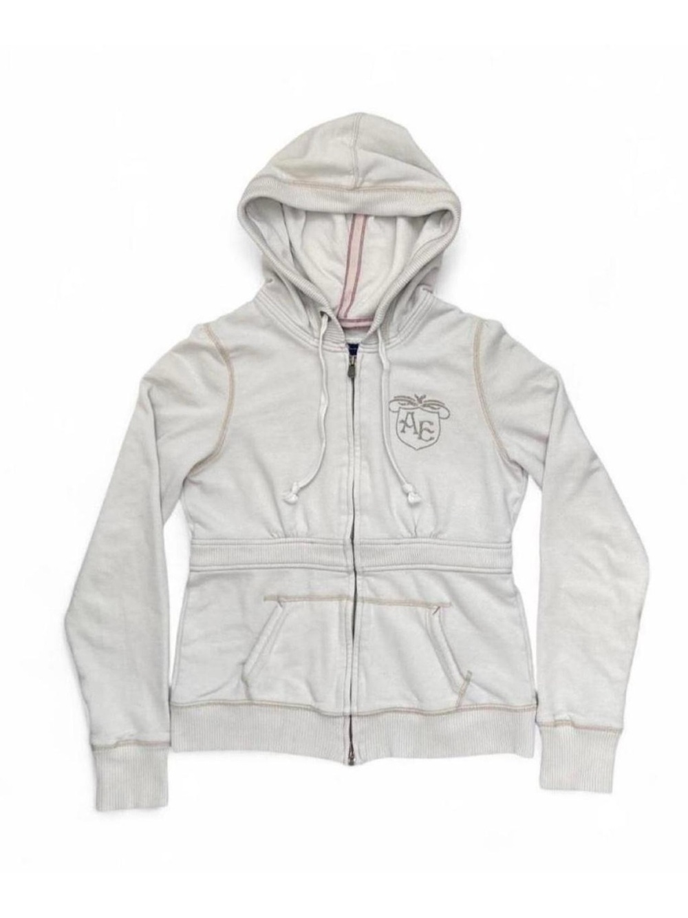 Y2K 2000s American Eagle White/Cream Zip Up Hoodie With Sparkly Gold Logos